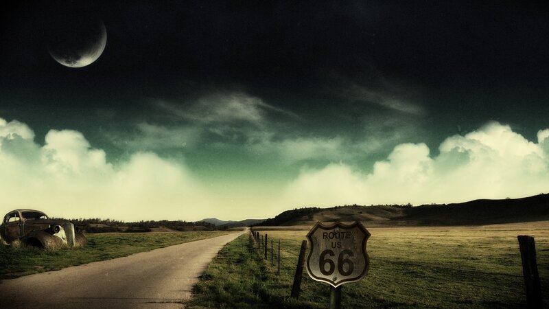 Abandoned Car on Route 66 — Green, Dramatic, Night, Digital Art