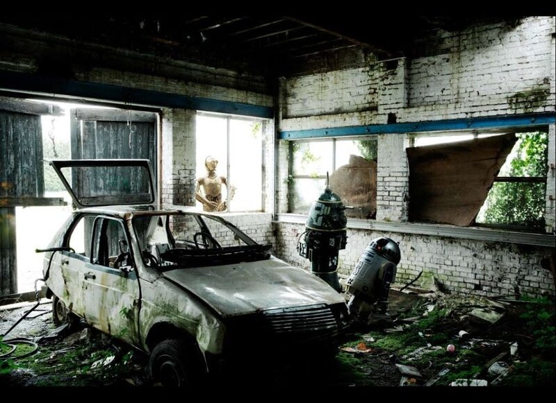 Abandoned car with robots