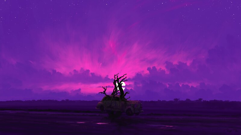 Abandoned Car with Tree — Purple