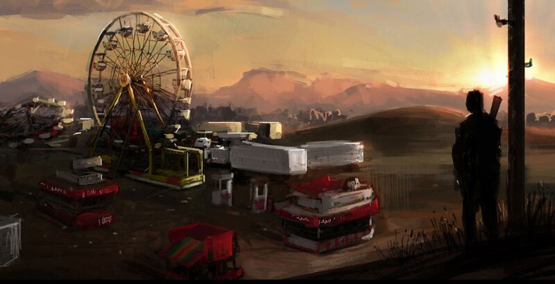 Abandoned carnival at sunset
