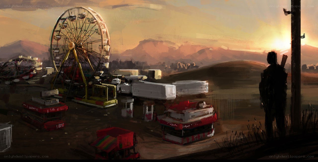 Abandoned carnival at sunset
