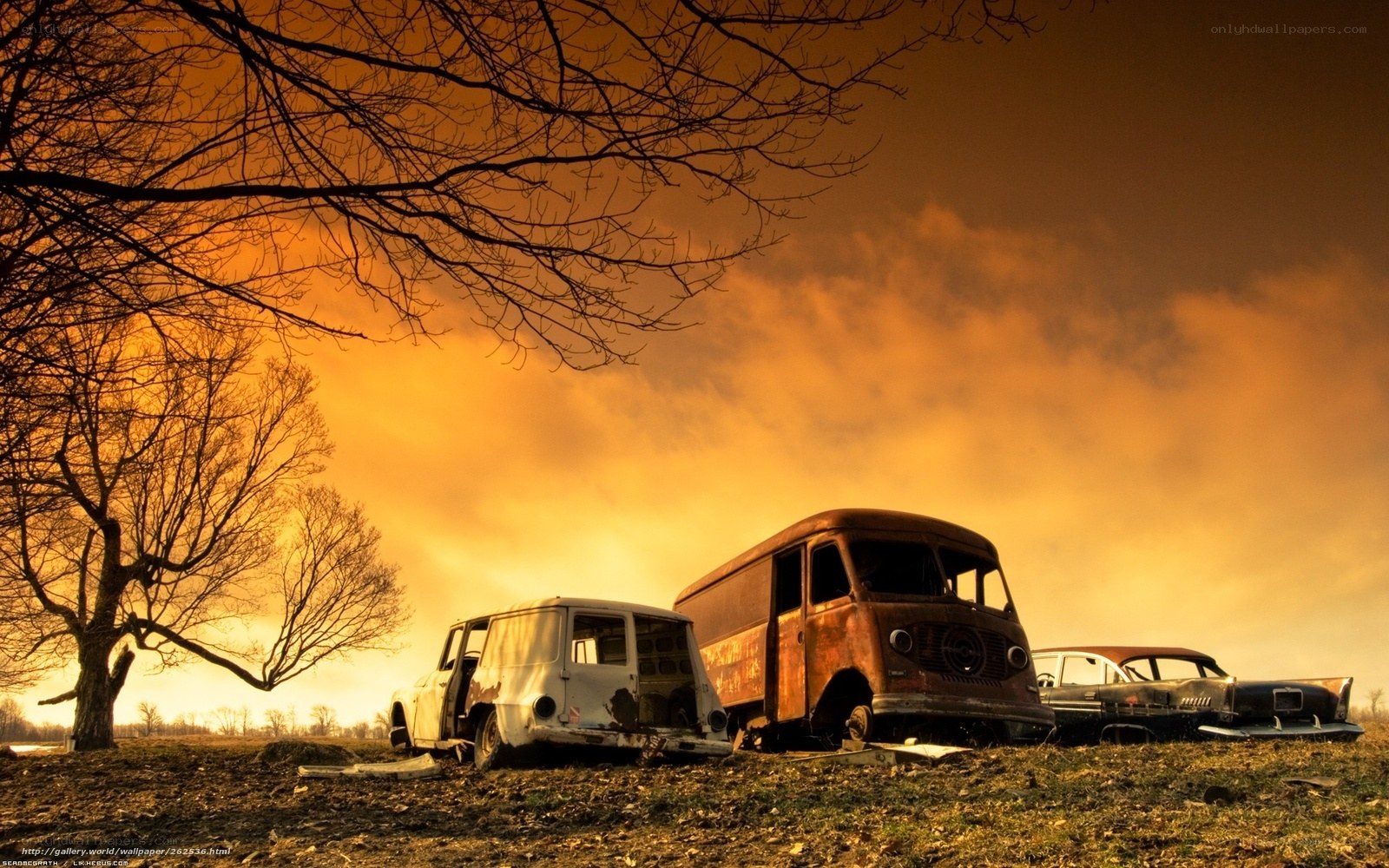 abandoned cars at sunset