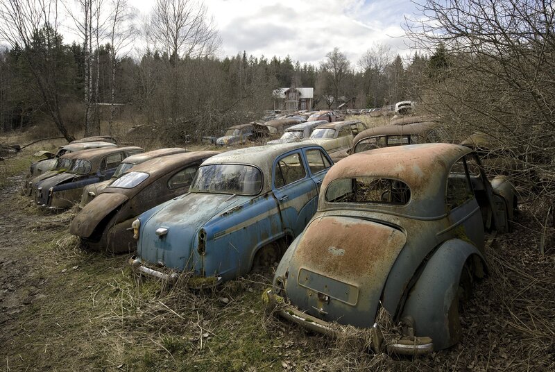 Abandoned Cars in Field — Blue