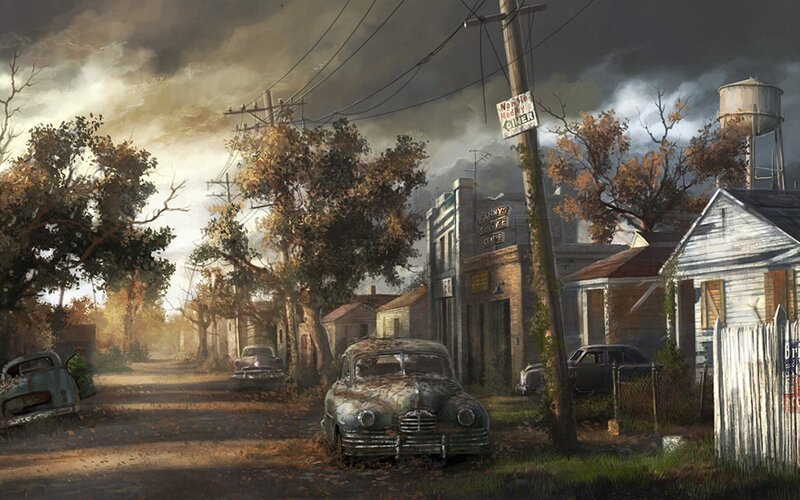 Abandoned Cars on Street — Brown, Dramatic, Autumn, Digital Art