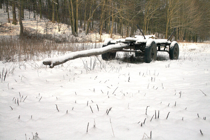Abandoned cart in snowy field