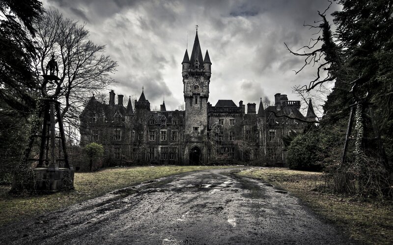 Abandoned Castle — Gray, Dramatic, Autumn, Photograph, Path, Trees
