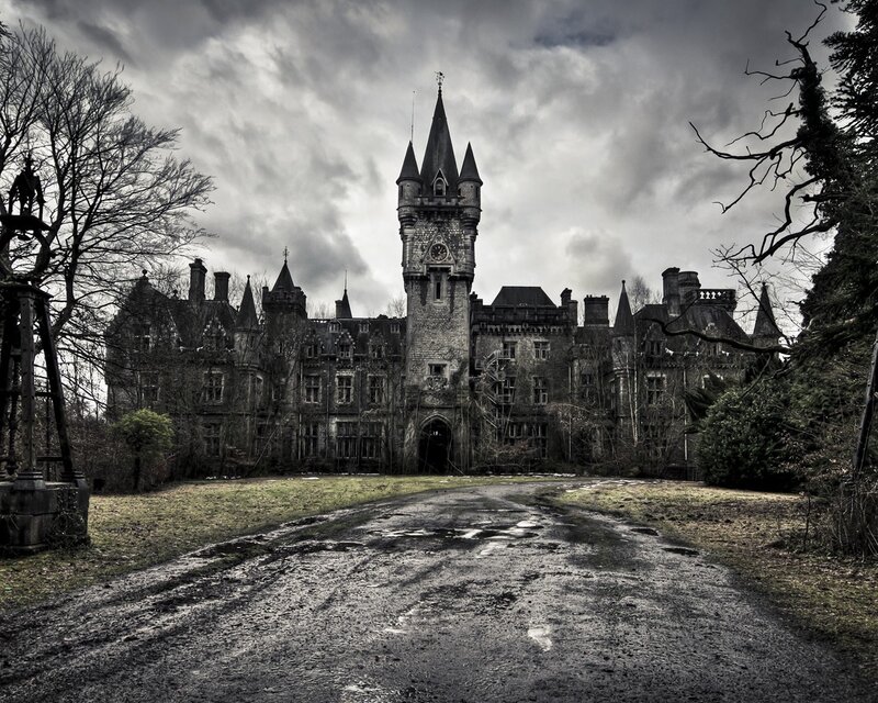 Abandoned Castle — Gray, Dramatic, Autumn, Photograph, Tower, Path, Trees, Black
