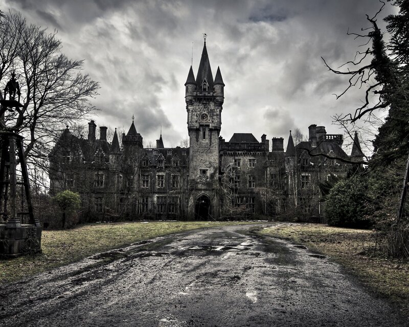 Abandoned Castle — Gray, Dramatic, Autumn, Photograph, Tower, Path, Trees