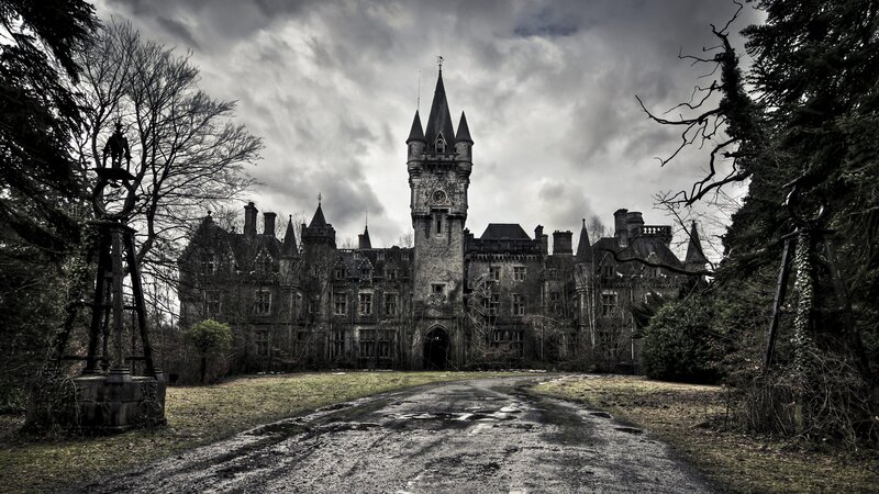 Abandoned Castle — Gray, Dramatic, Photograph, Trees