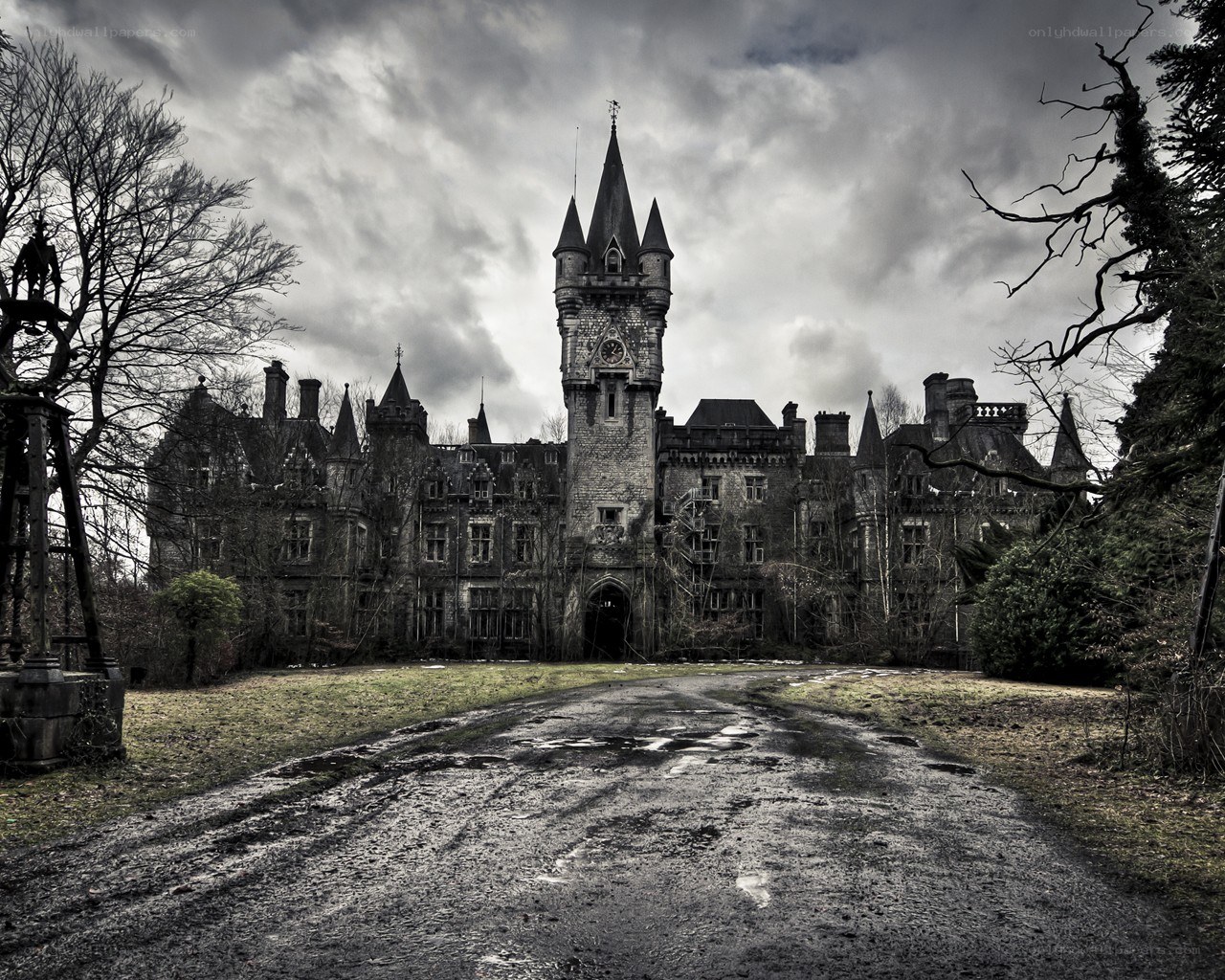 abandoned castle under stormy sky
