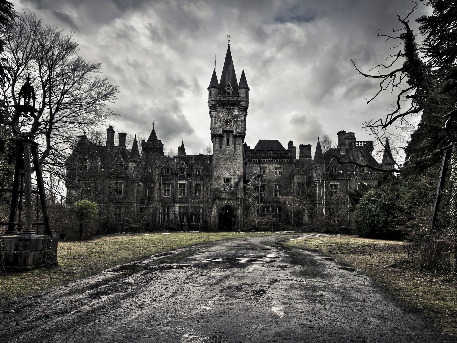 Abandoned castle under stormy sky