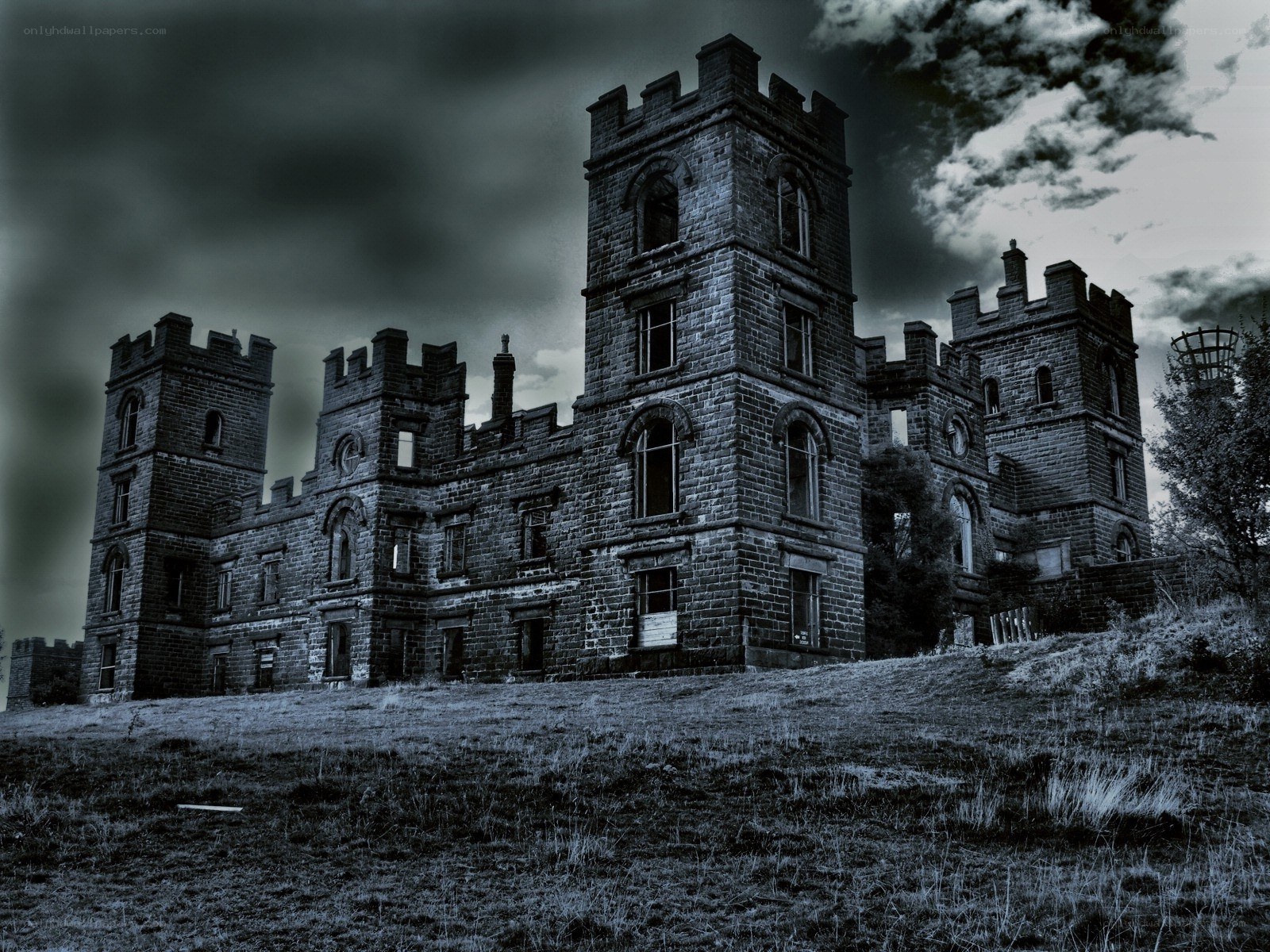 abandoned castle under stormy sky