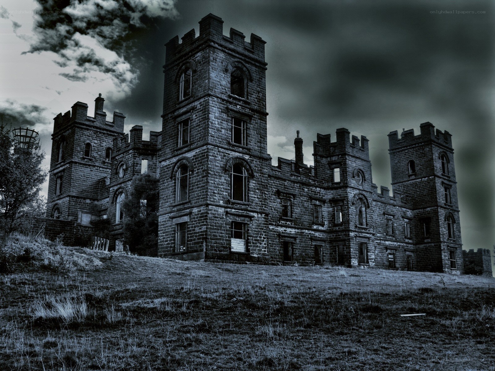 abandoned castle under stormy sky
