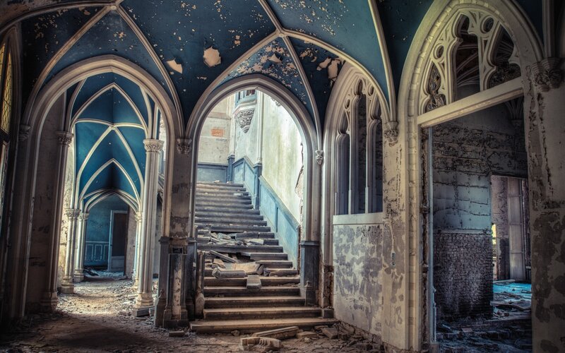 Abandoned Cathedral Interior — Blue, Dramatic, Photograph, Stairs