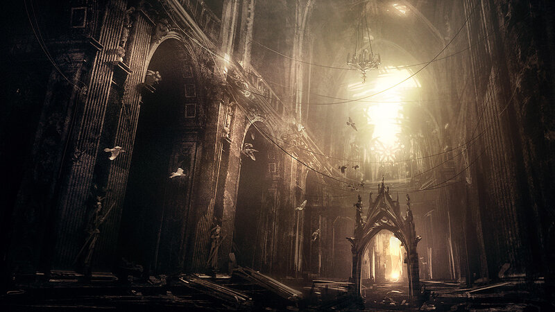 Abandoned Cathedral Interior — Brown, Dramatic