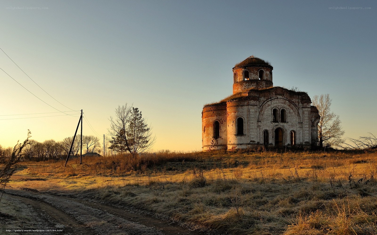 Abandoned church at sunset