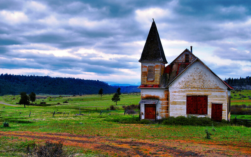 Abandoned Church Building — Green, Dramatic, Afternoon