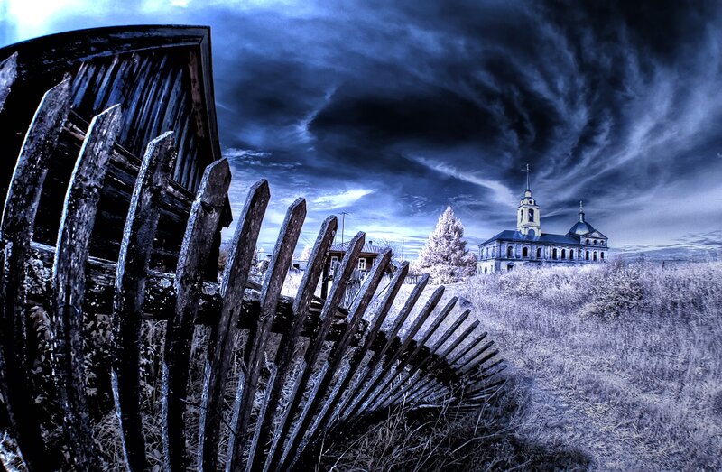 Abandoned Church in Field — Blue