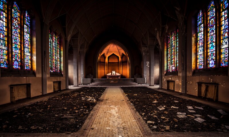 Abandoned Church Interior — Brown, Dramatic, Photograph