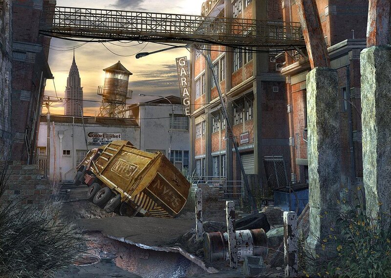 abandoned city alley at sunset