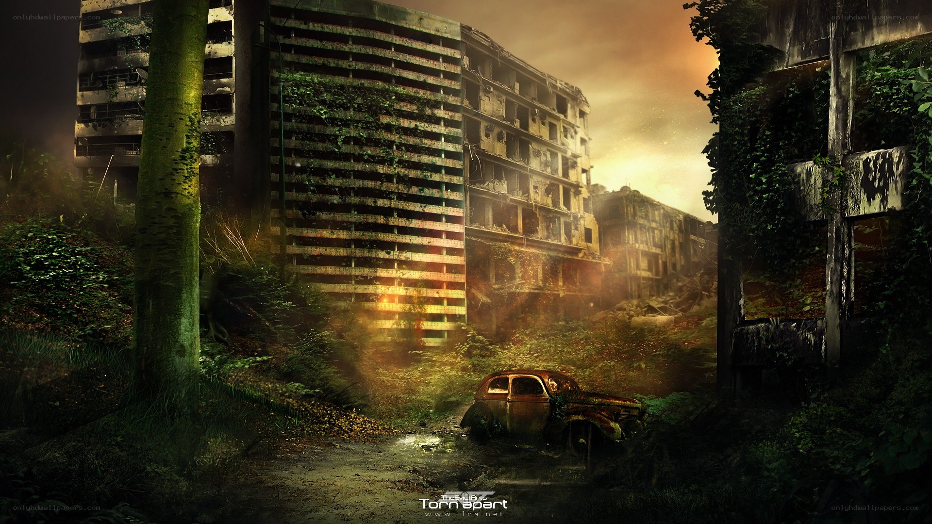 abandoned city at sunset