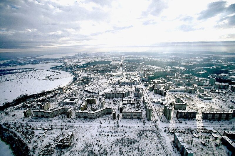 Abandoned City in Winter — White, Desolate, Photograph, Buildings, Snow, River