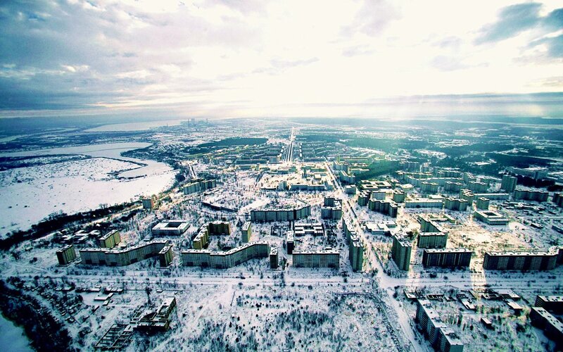 Abandoned City in Winter — White, Desolate, Photograph, Snow, Apartment Buildings, River, Gray