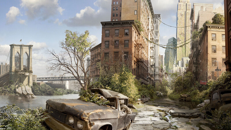 Abandoned City Street — Brown, Desolate, Afternoon, Digital Art, Buildings, Bridge, Car