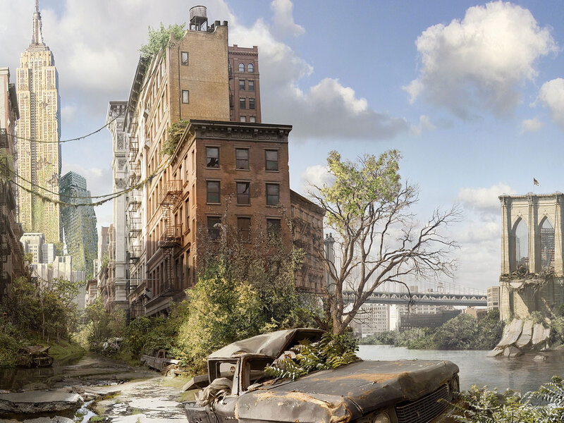 Abandoned City Street — Brown, Desolate, Afternoon, Digital Art, Buildings, Bridge