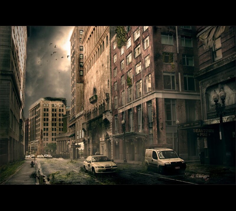 Abandoned City Street — Brown, Dramatic, Night, Digital Art