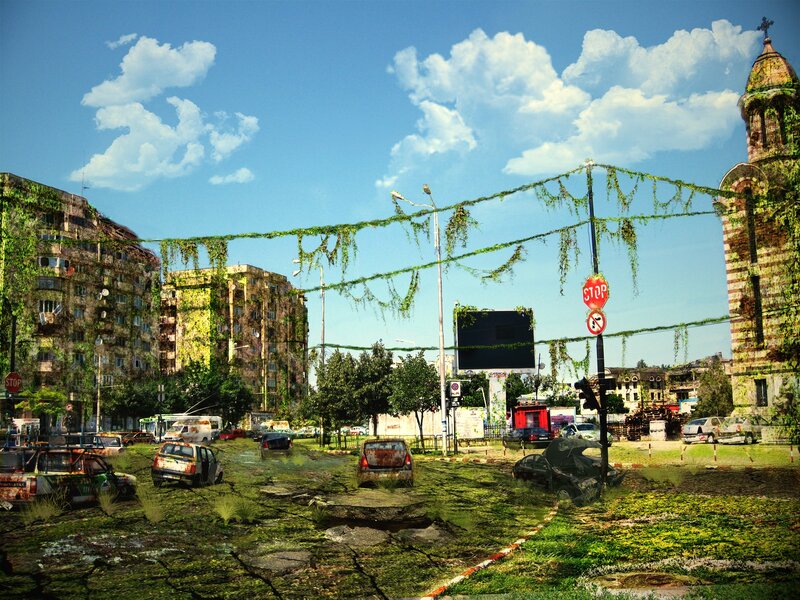 Abandoned City Street — Green, Desolate, Afternoon, Digital Art, Buildings