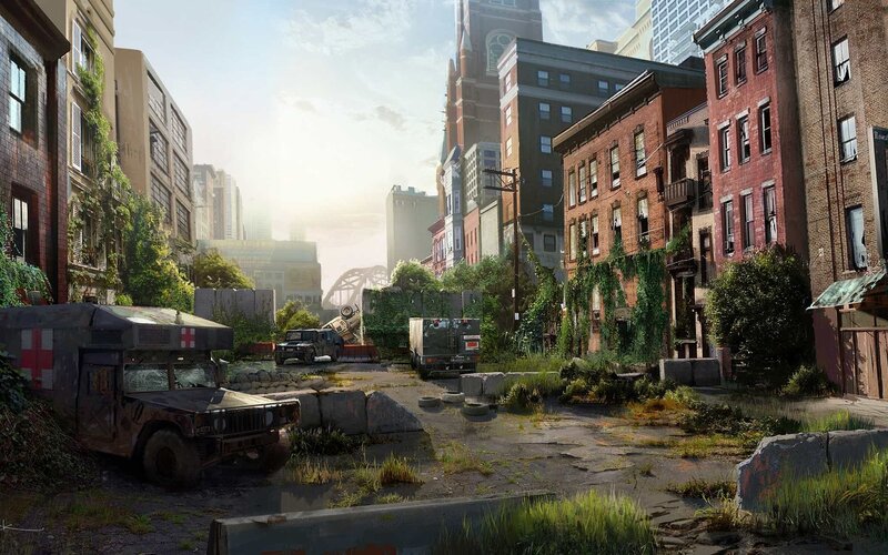 Abandoned City Street — Green, Desolate, Afternoon, Digital Art, Military Vehicles, Overgrown Buildings, Crumbled Road