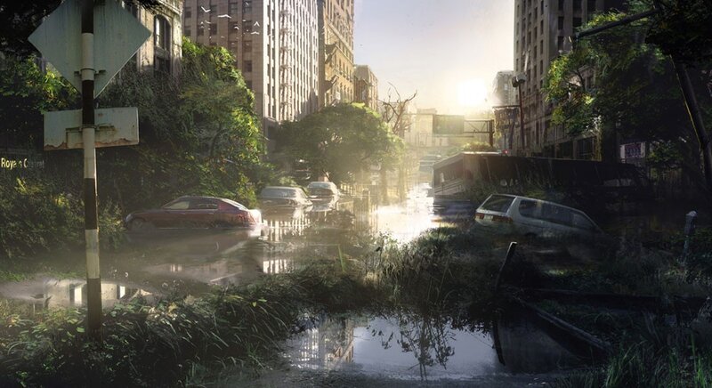 Abandoned City Street — Green, Desolate, Sunset, Digital Art