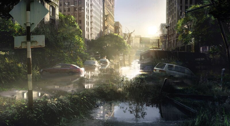 Abandoned City Street — Green, Desolate, Sunset