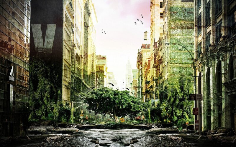Abandoned City Street — Green, Dramatic, Afternoon, Digital Art, Buildings, Trees, River