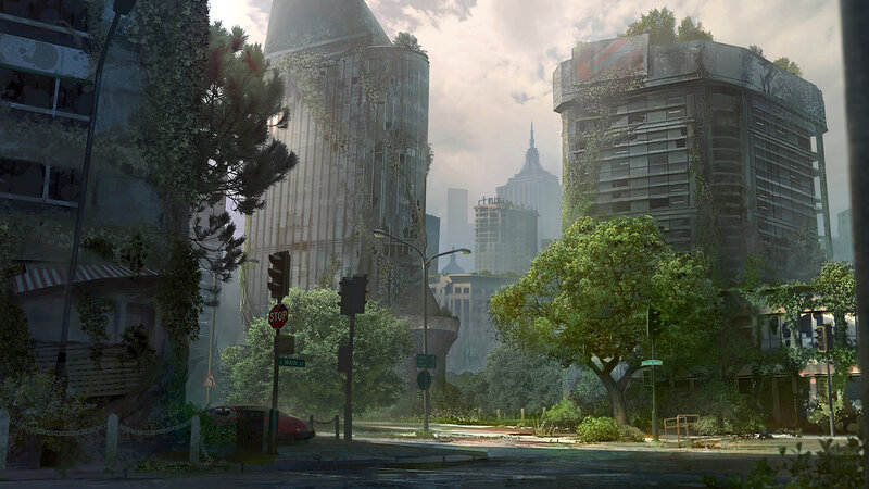 Abandoned City Street — Green, Dramatic, Afternoon, Digital Art, Buildings, Trees