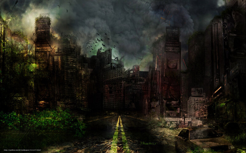 Abandoned City Street — Green, Dramatic, Night, Digital Art