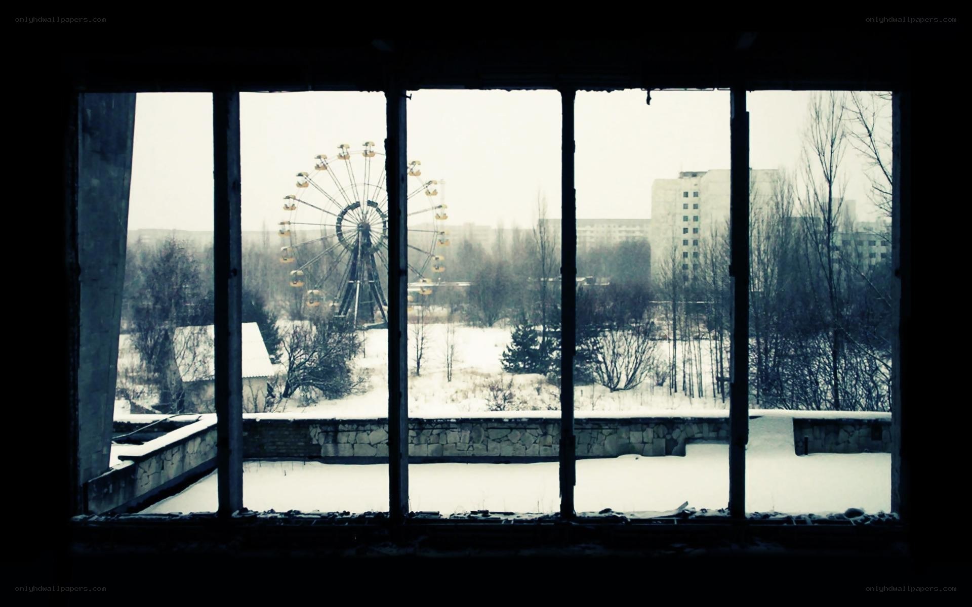 Abandoned city view with ferris wheel