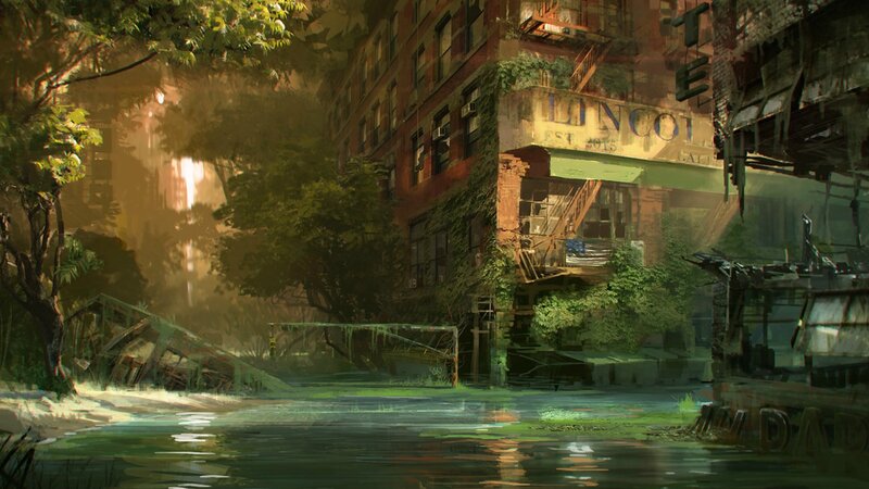 Abandoned city with overgrown buildings