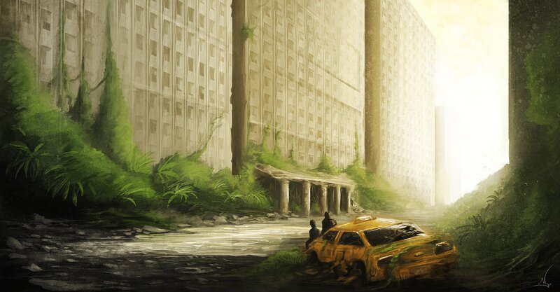 Abandoned city with overgrown buildings