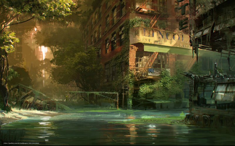 abandoned city with overgrown buildings