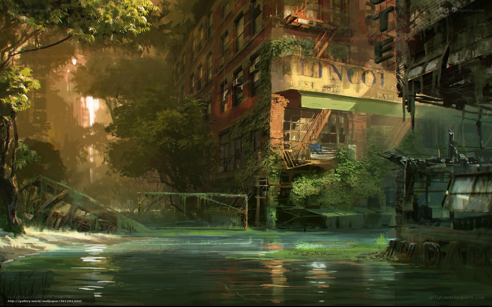 abandoned city with overgrown buildings