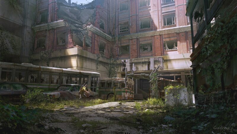 Abandoned city with overgrown ruins