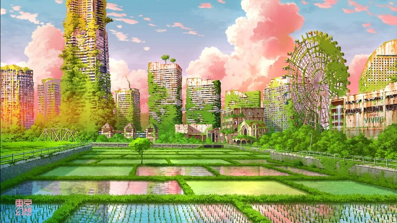Abandoned City with Rice Paddies