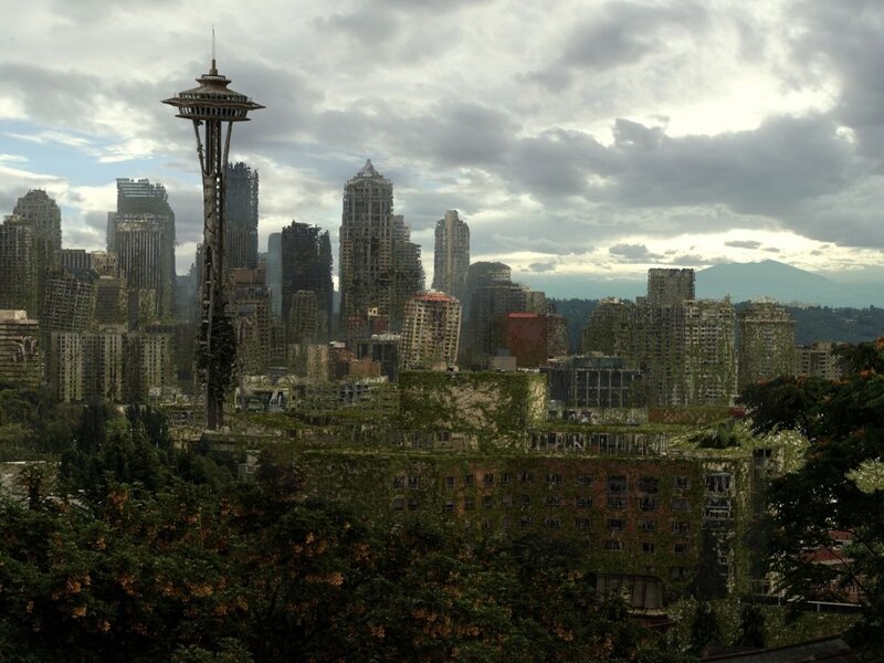 Abandoned city with Space Needle