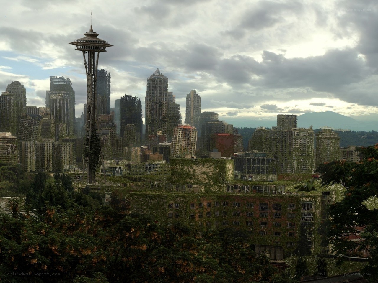Abandoned city with Space Needle