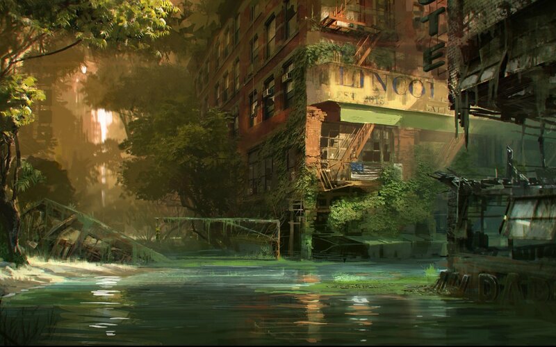 Abandoned City with Water — Green, Dramatic