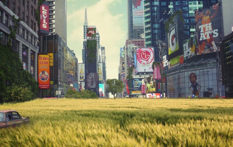 abandoned city with wheat field
