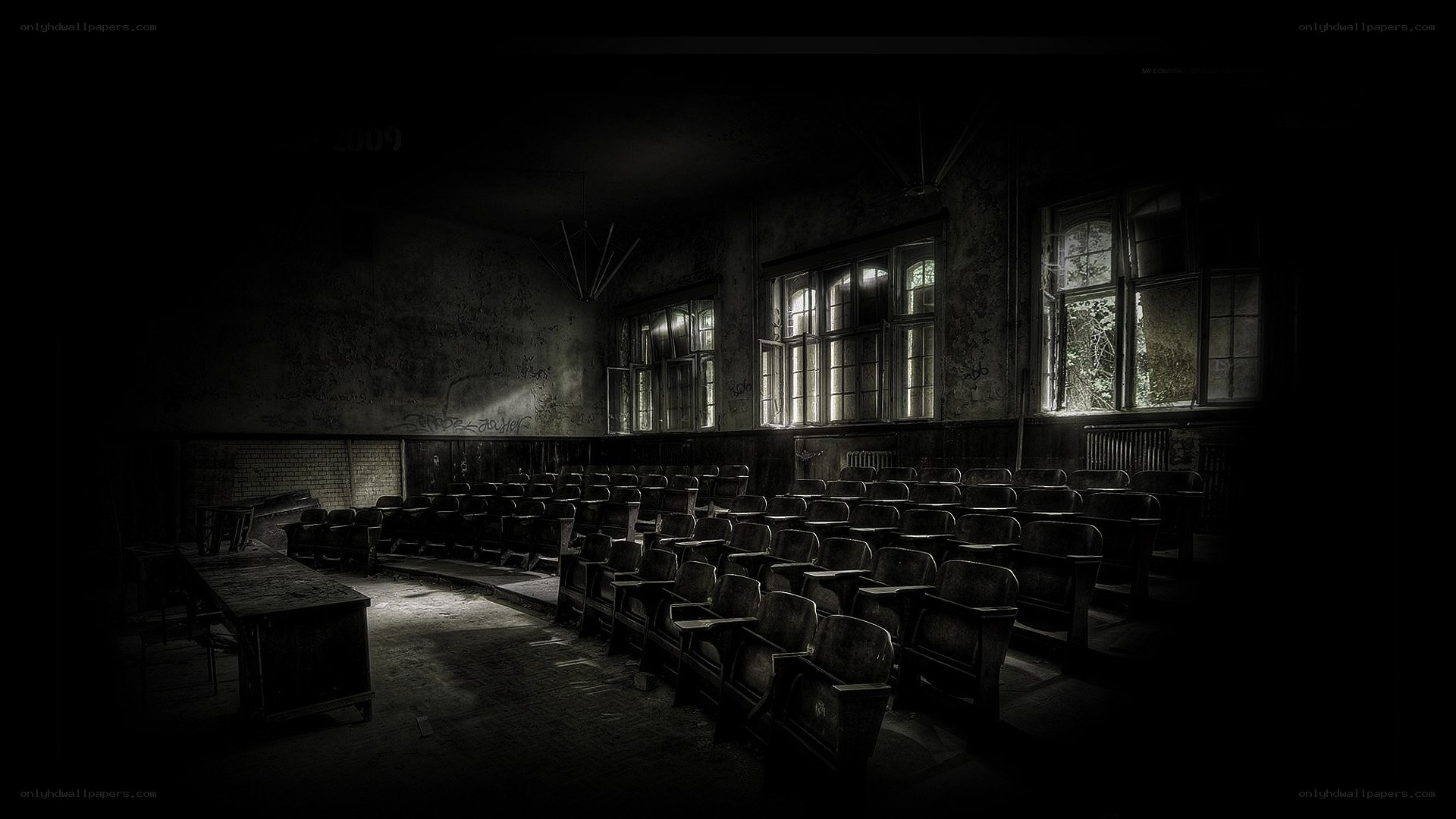 abandoned classroom at night