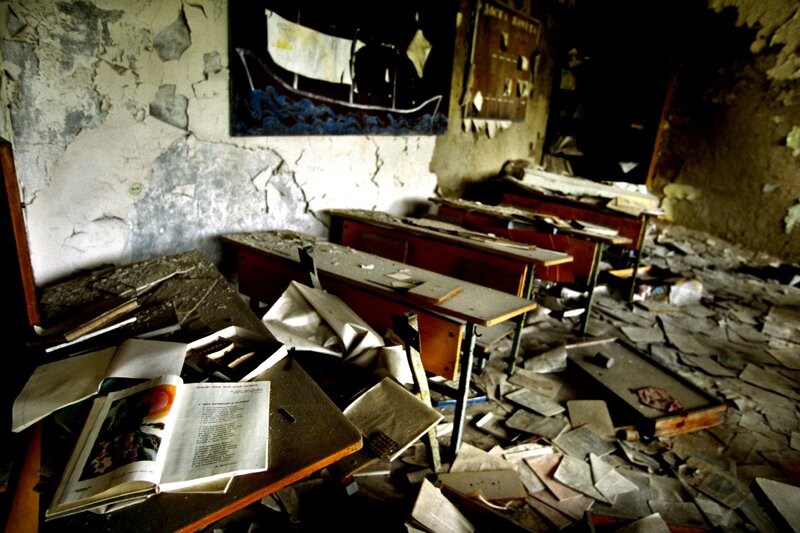Abandoned classroom in ruins